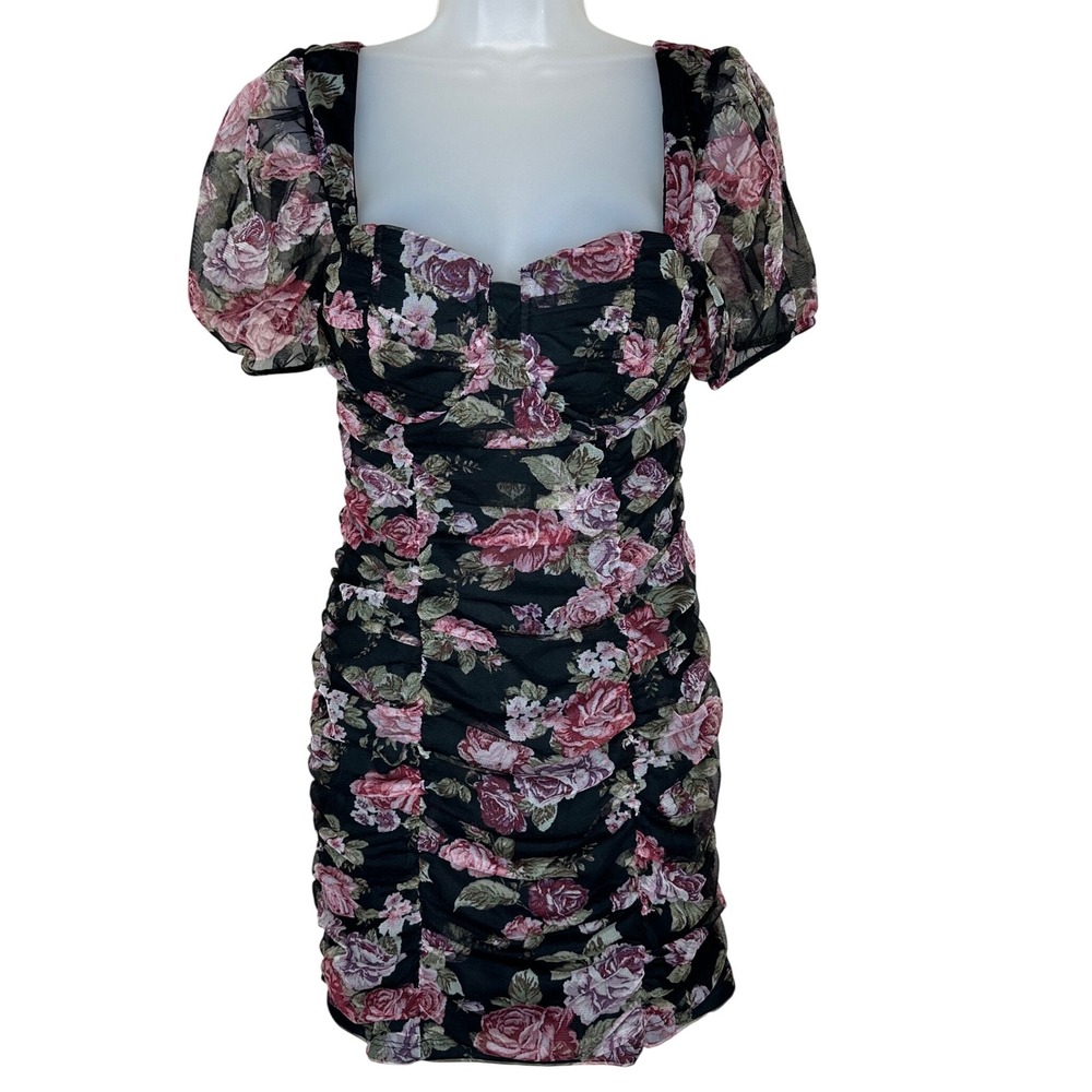 IRIS Floral Black Mini Dress Sweetheart Neckline‎ Ruched Puff Sleeve M Fairycore
